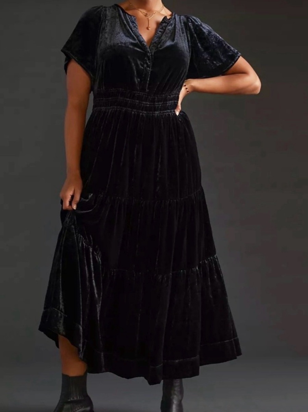 Anthropologie Sommerset Black Velvet Tiered Maxi Dress, size L